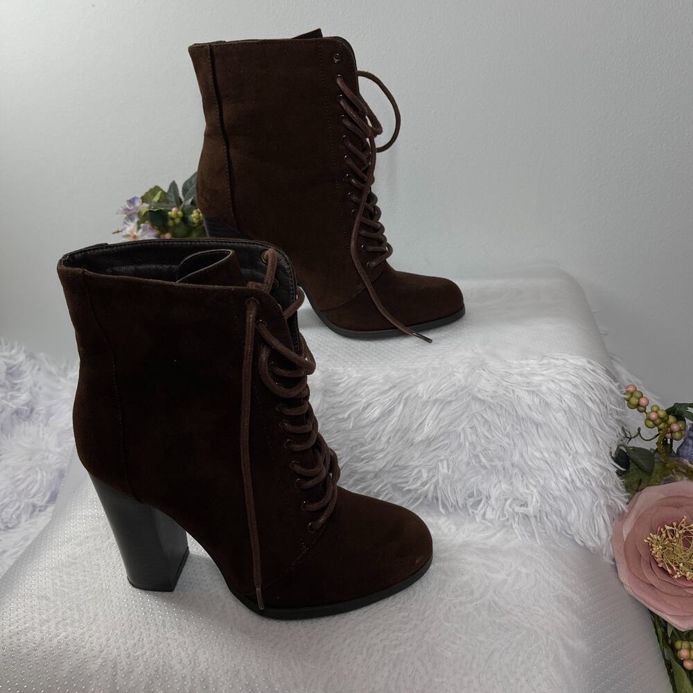 Justfab Ankle Booties Womens Brown Suede Lace Up Block Heel Dark Academia Gothic